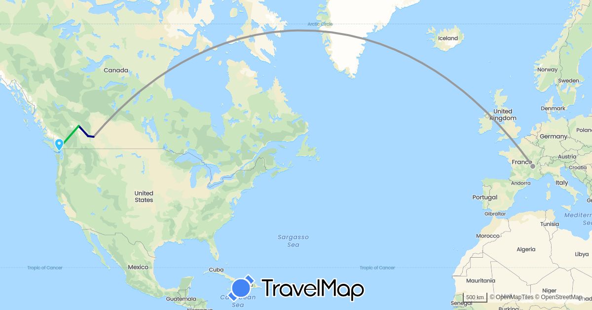 TravelMap itinerary: driving, bus, plane, boat in Canada, France (Europe, North America)